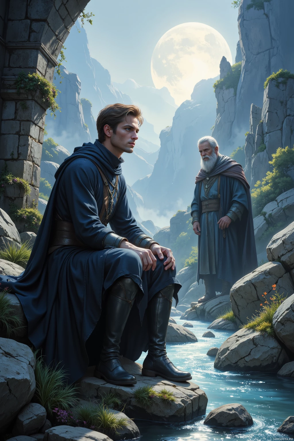 Two men in medieval attire stand by a river in a mountainous landscape under a full moon.