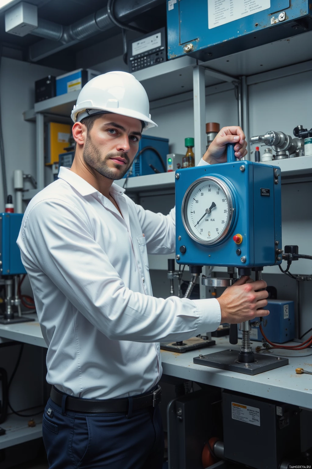 A man in a white shirt and hard hat operates a machine in a laboratory setting.