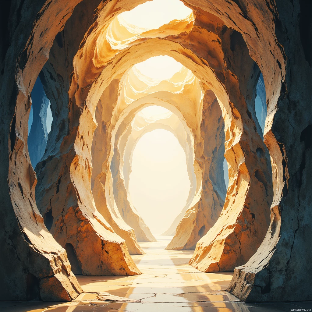 A sunlit, expansive cave with layered rock formations leading to a bright opening.