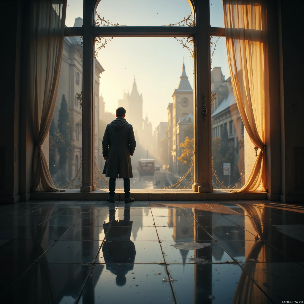 A person stands at a large window overlooking a city street bathed in golden light.