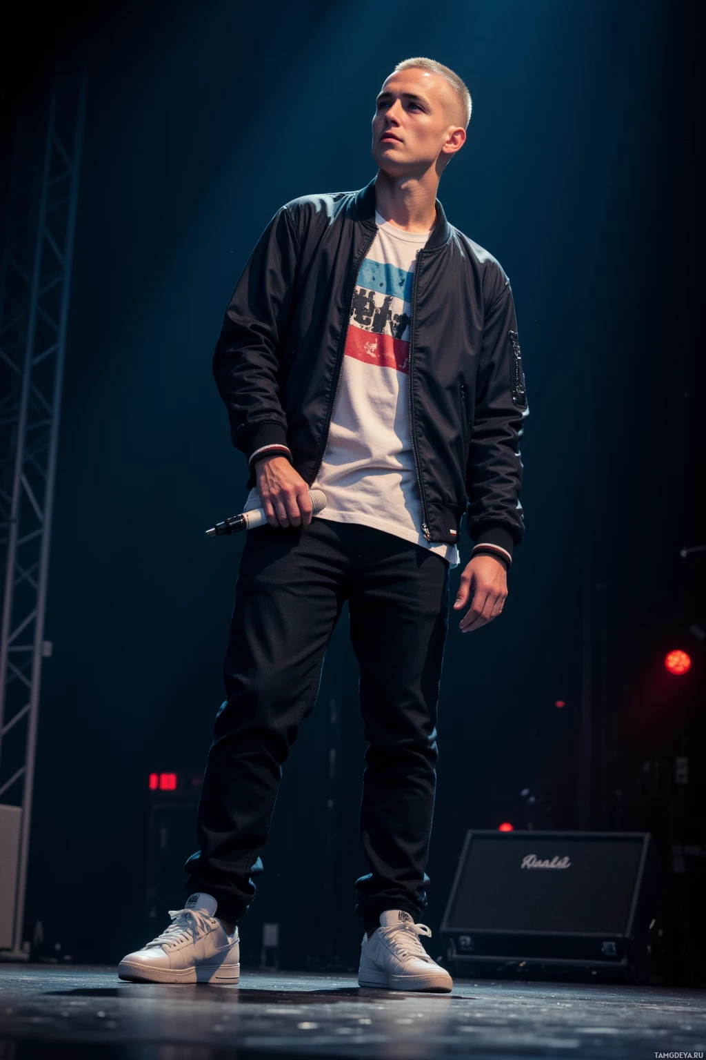 A person stands on stage holding a microphone, wearing a bomber jacket and white sneakers.