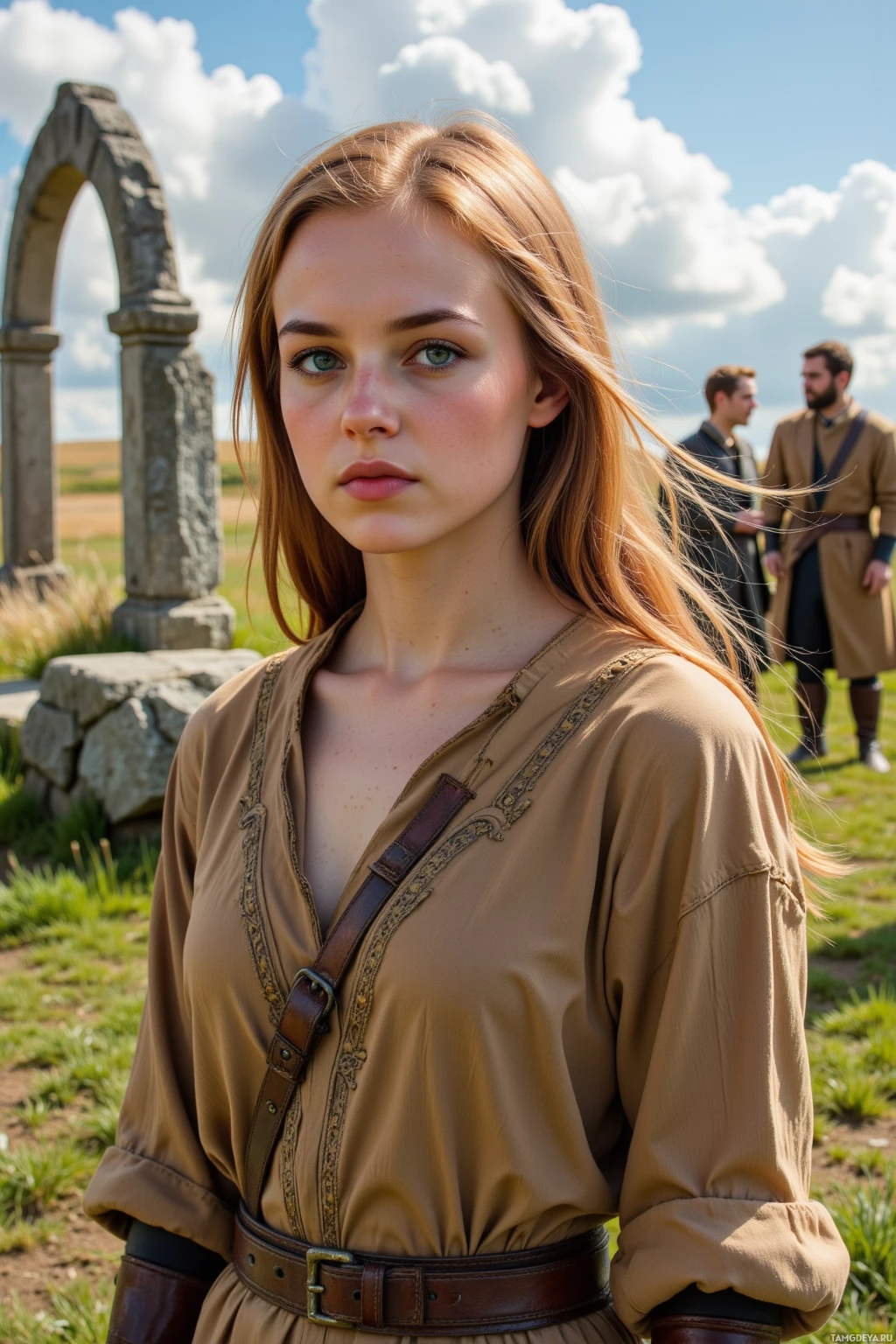 A woman in a brown dress stands in a grassy field with stone ruins and two men in the background.
