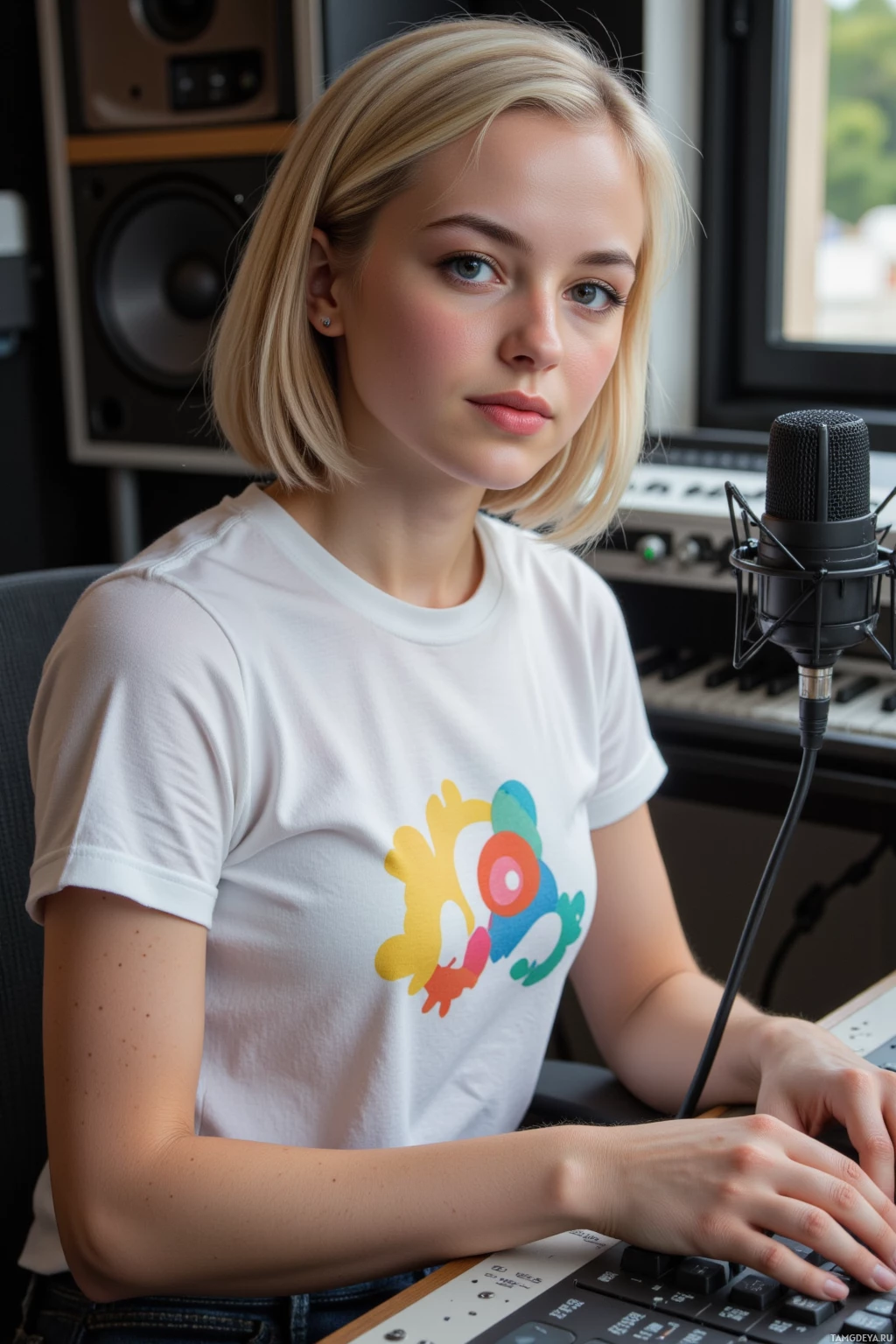 A person wearing a white t-shirt with a colorful design sits at a desk with a microphone and audio equipment.