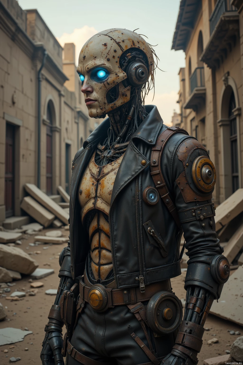A cybernetic figure in a leather jacket stands in an urban alleyway.
