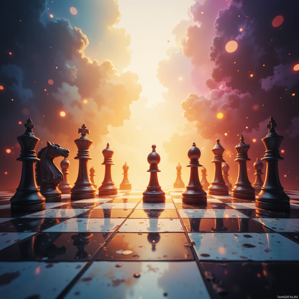 A chessboard with pieces arranged in a starting position under a vibrant sunset sky.