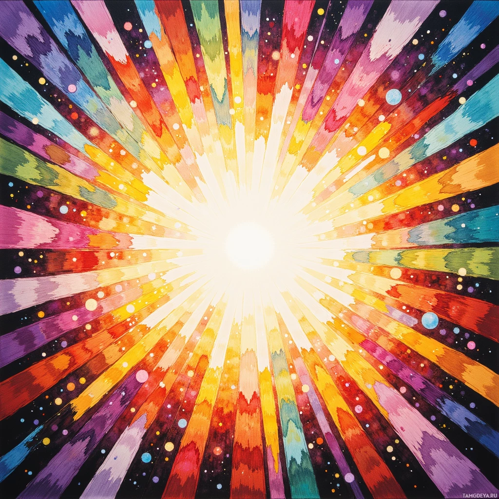 A vibrant, radiating burst of colorful rays emanating from a bright center against a dark background.