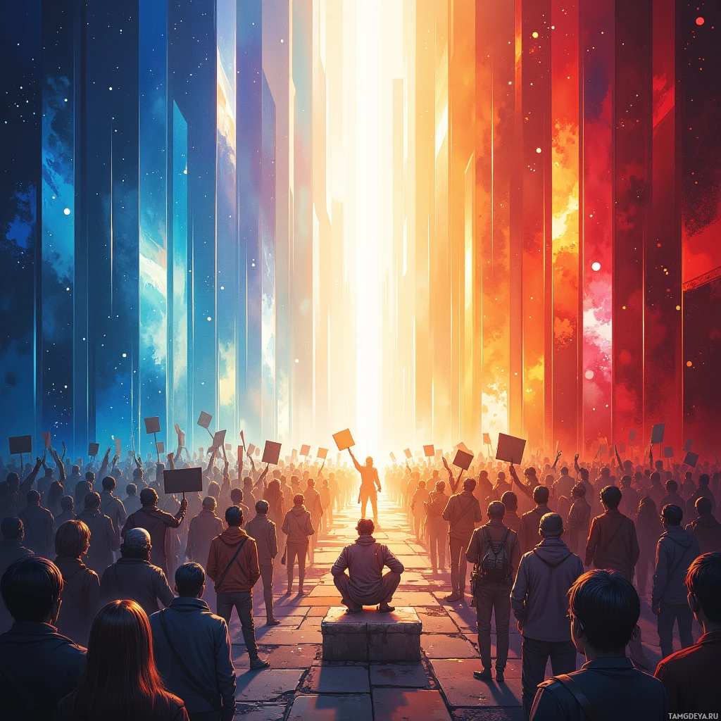 A large crowd of people stands in front of a bright, colorful light source, holding signs.