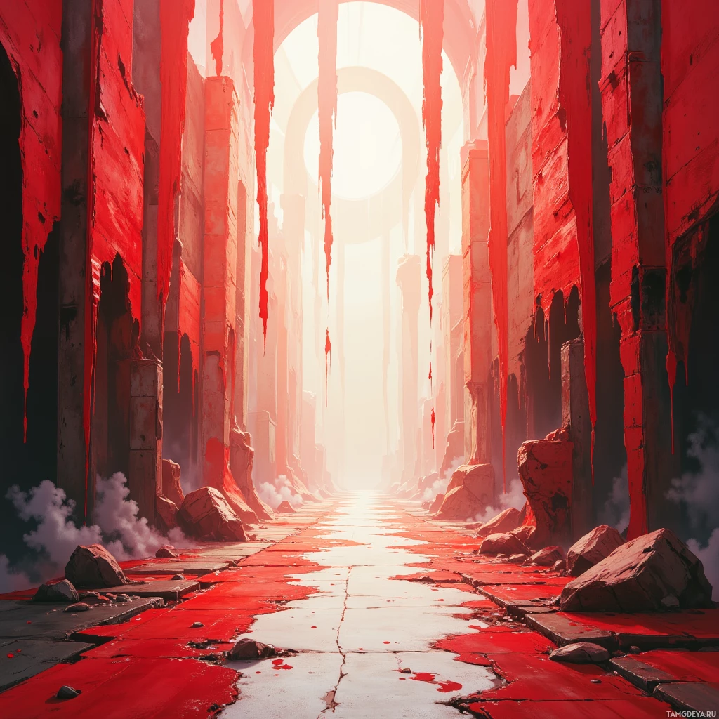 A red-lit, dilapidated corridor with dripping blood and a bright light at the end.