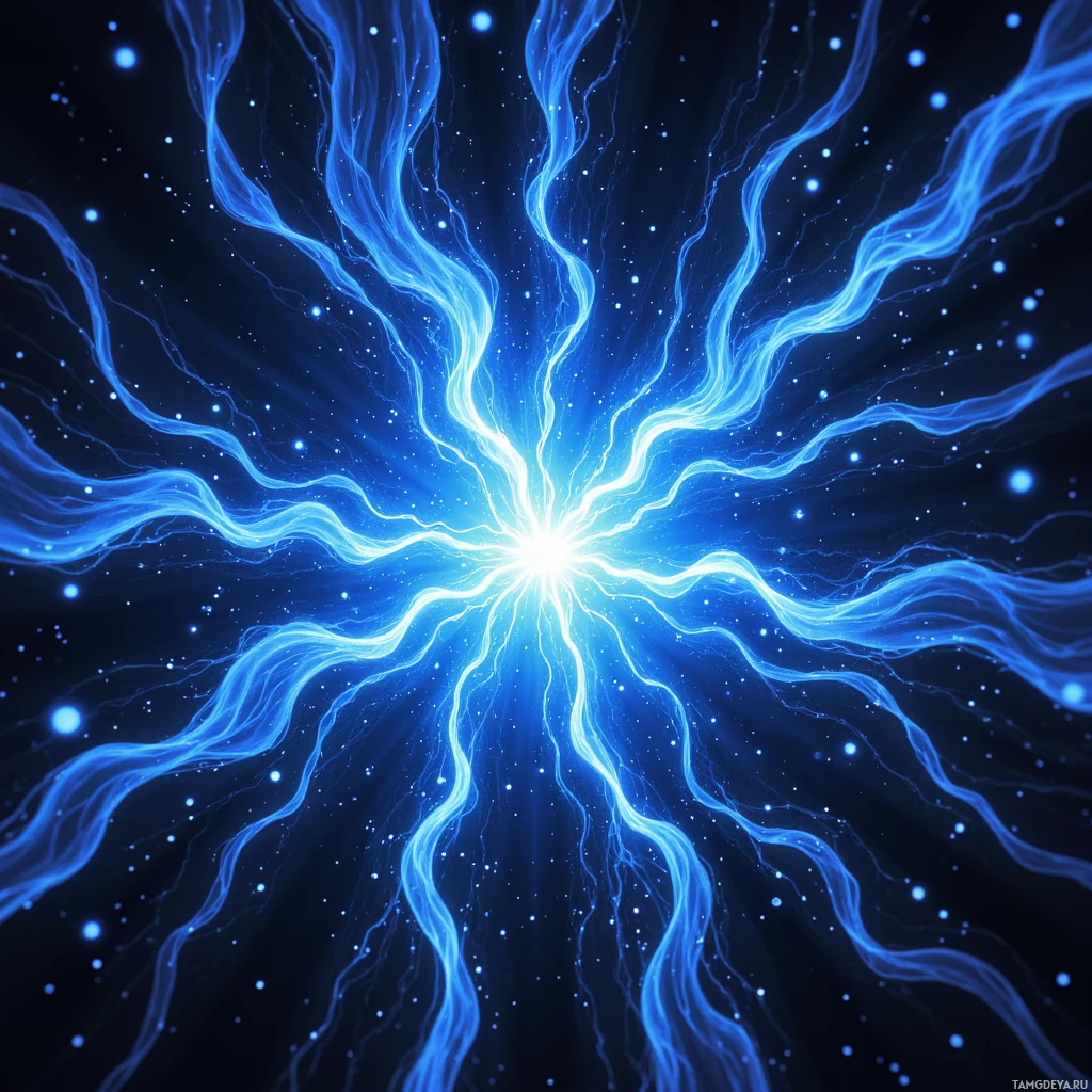 A radiant blue light with wavy, electric-like tendrils radiating outward against a dark, starry background.