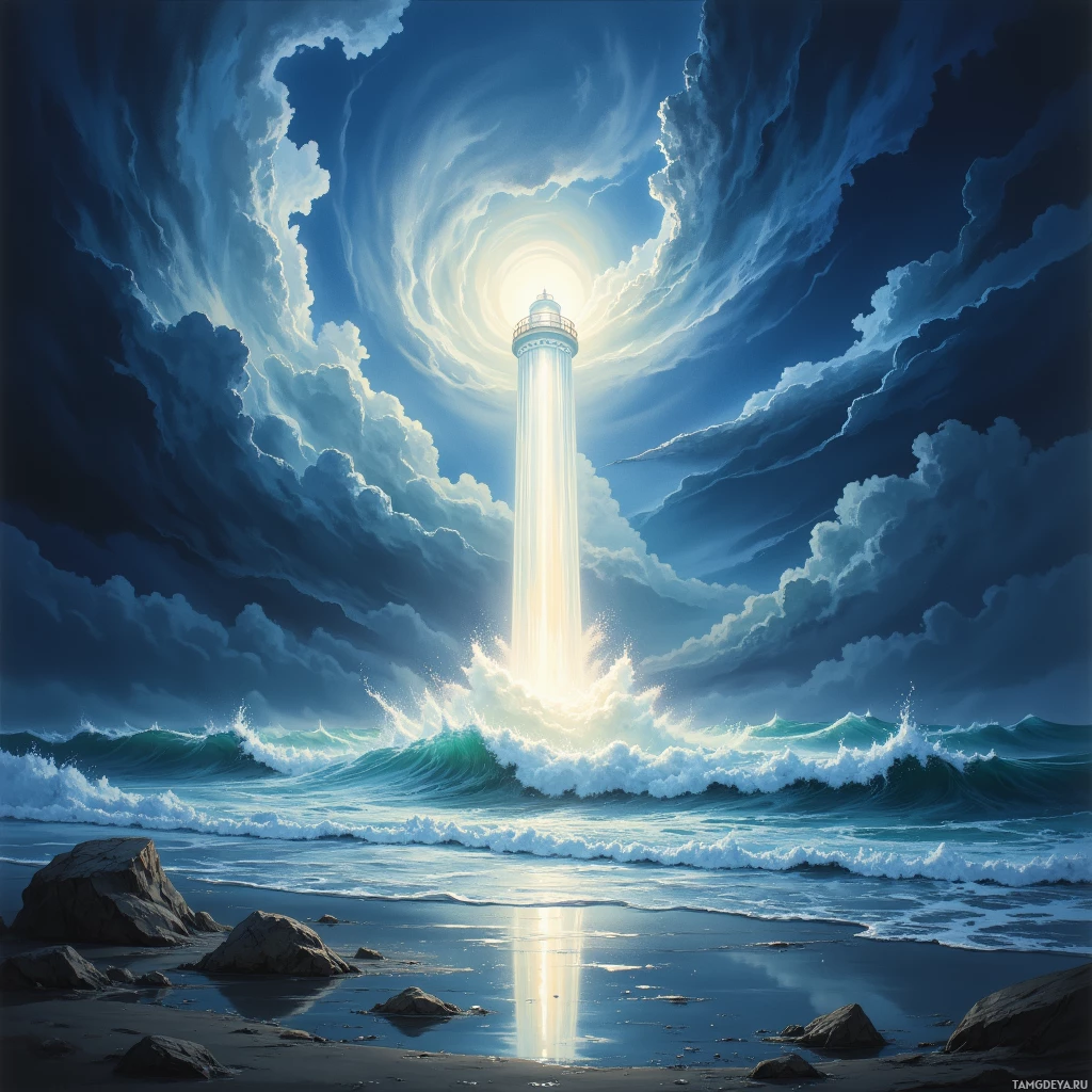 A serene coastal scene with a glowing lighthouse and dramatic clouds.