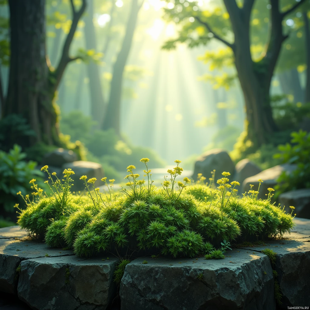 A serene forest scene with sunlight filtering through trees, highlighting greenery and yellow flowers on a stone ledge.
