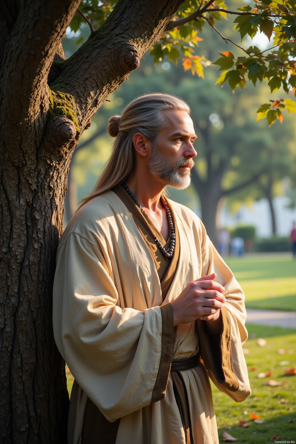 A man in a beige robe stands by a tree in a park, hands clasped, gazing thoughtfully.