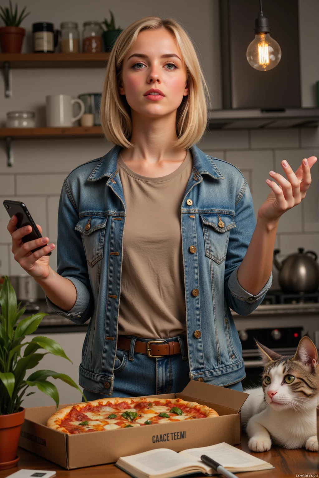 A woman in a denim jacket stands in a kitchen holding a phone, with a pizza and a cat nearby.