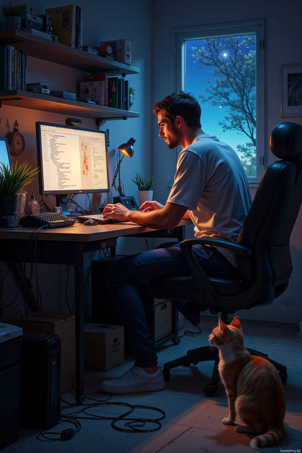 A person works at a desk with a computer, while a cat sits nearby.
