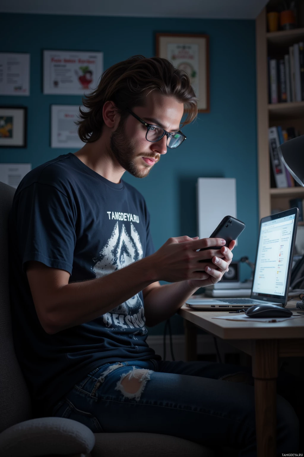 A person is sitting at a desk, using a smartphone, with a laptop and a bookshelf in the background.