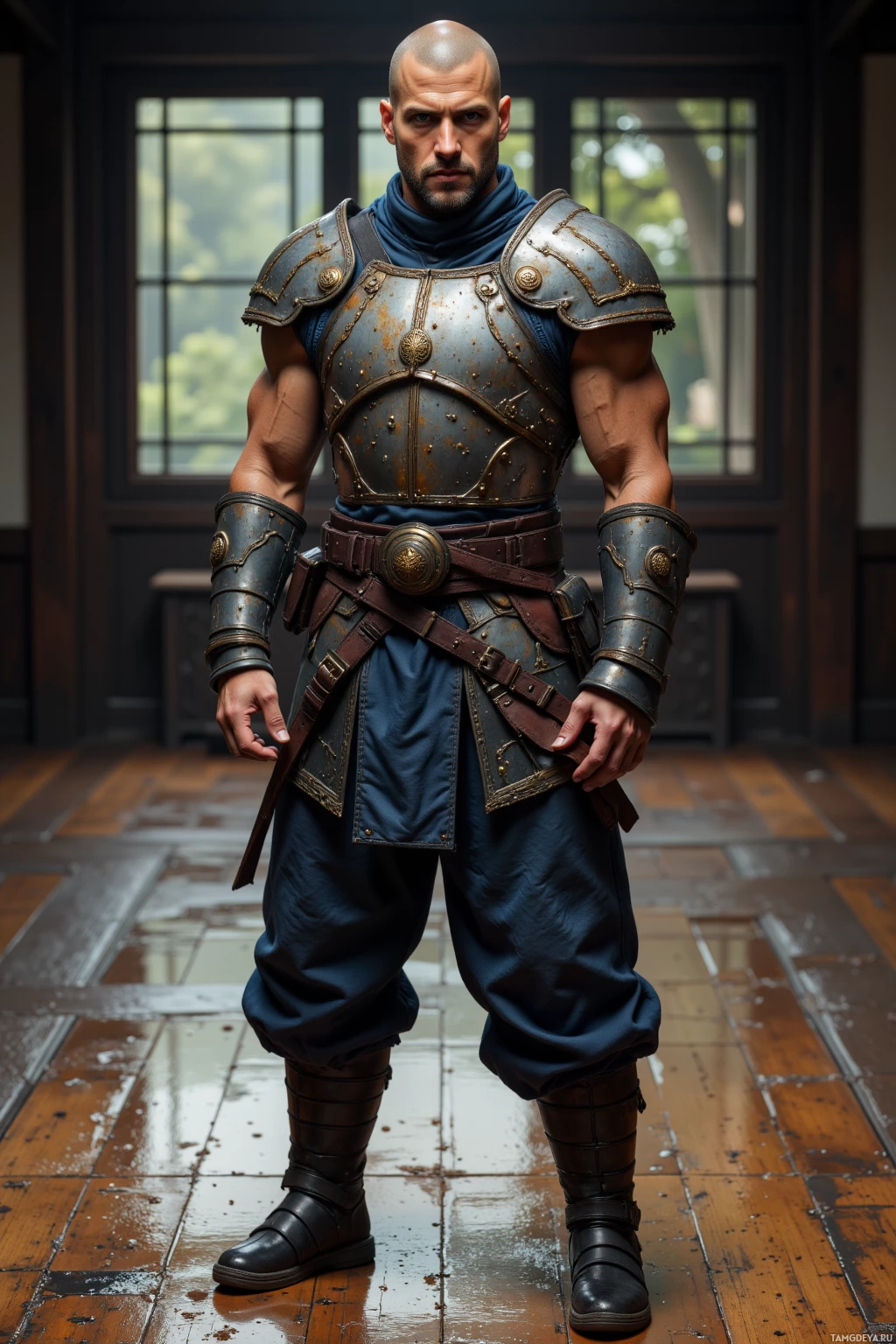 A muscular man in detailed medieval armor stands in a dimly lit room.