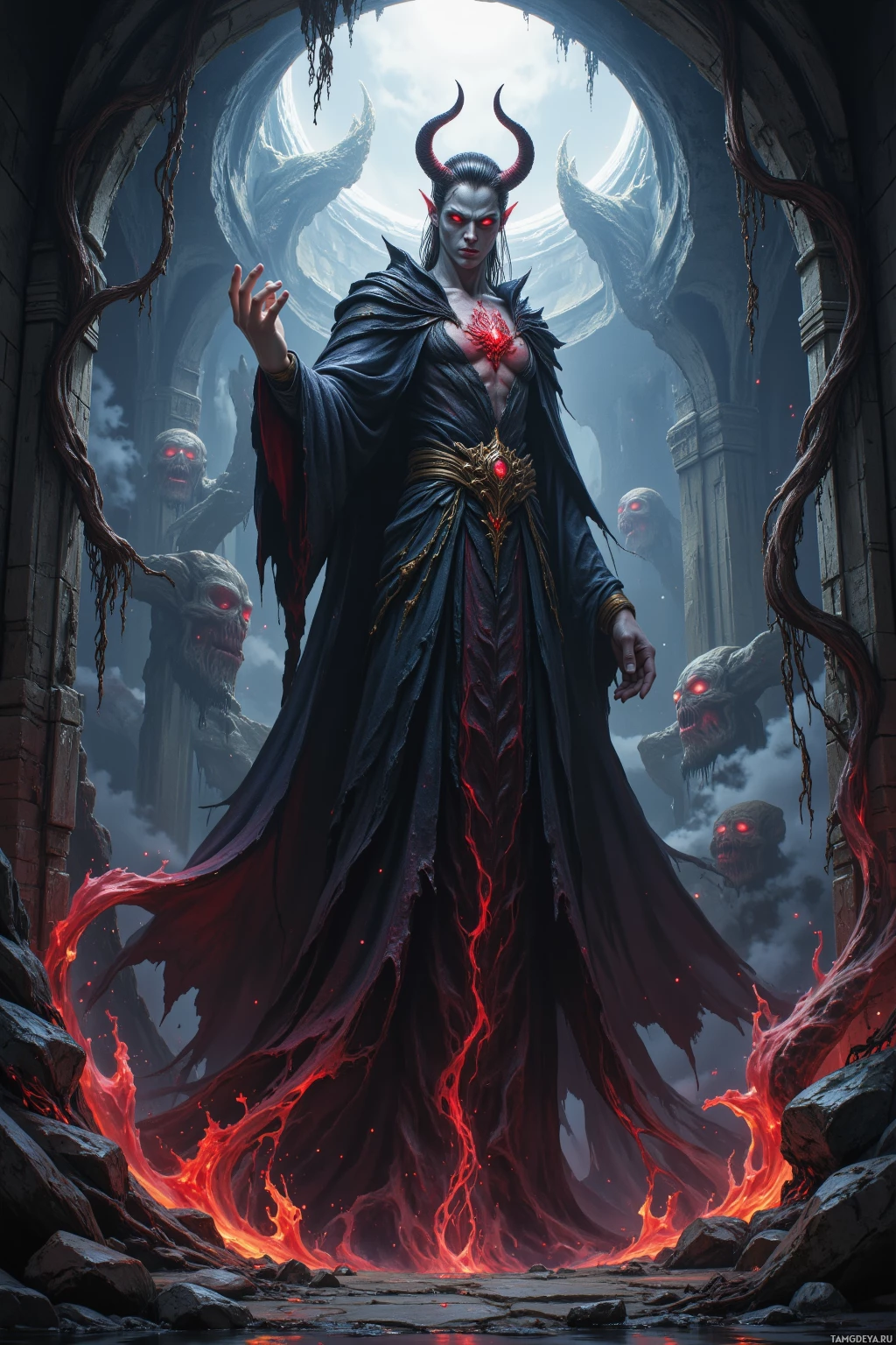 A menacing figure with horns and glowing red eyes stands in a dark, gothic setting, surrounded by skeletal figures and flowing red energy.