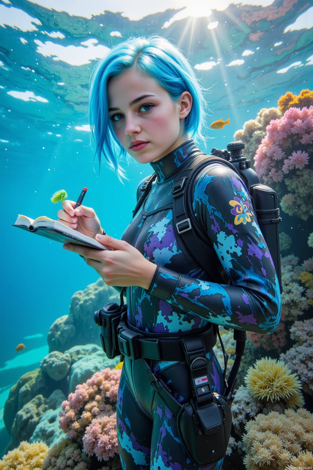 A person in a wetsuit writes in a notebook underwater, surrounded by coral and sunlight.