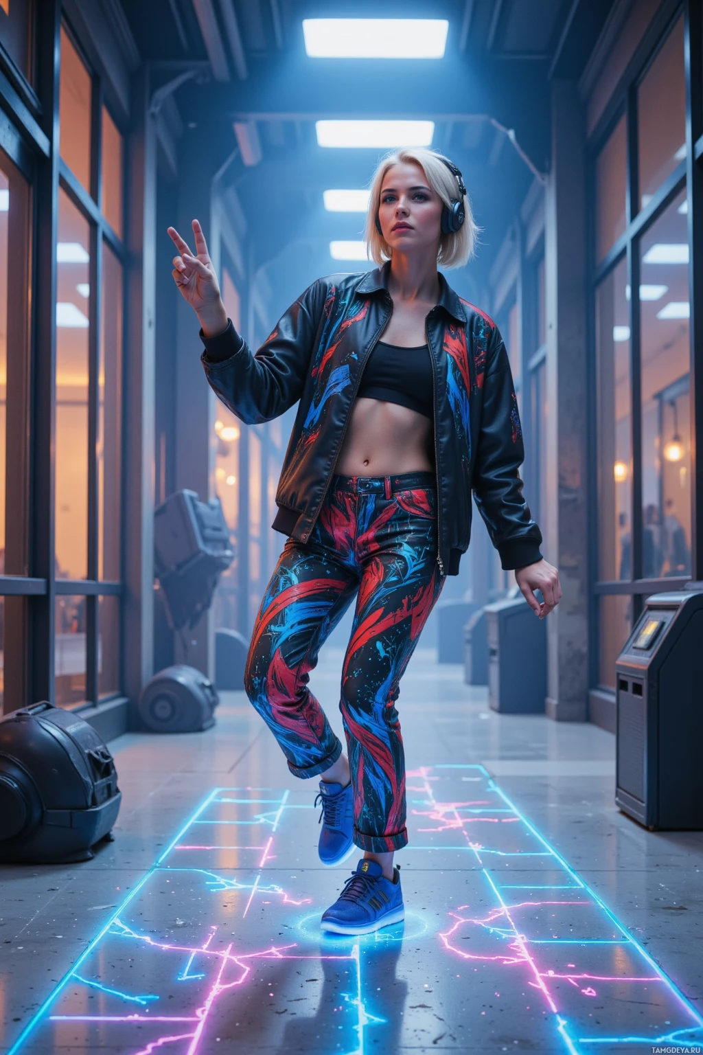 A person in a futuristic setting with neon lines on the floor, wearing headphones and a colorful outfit.