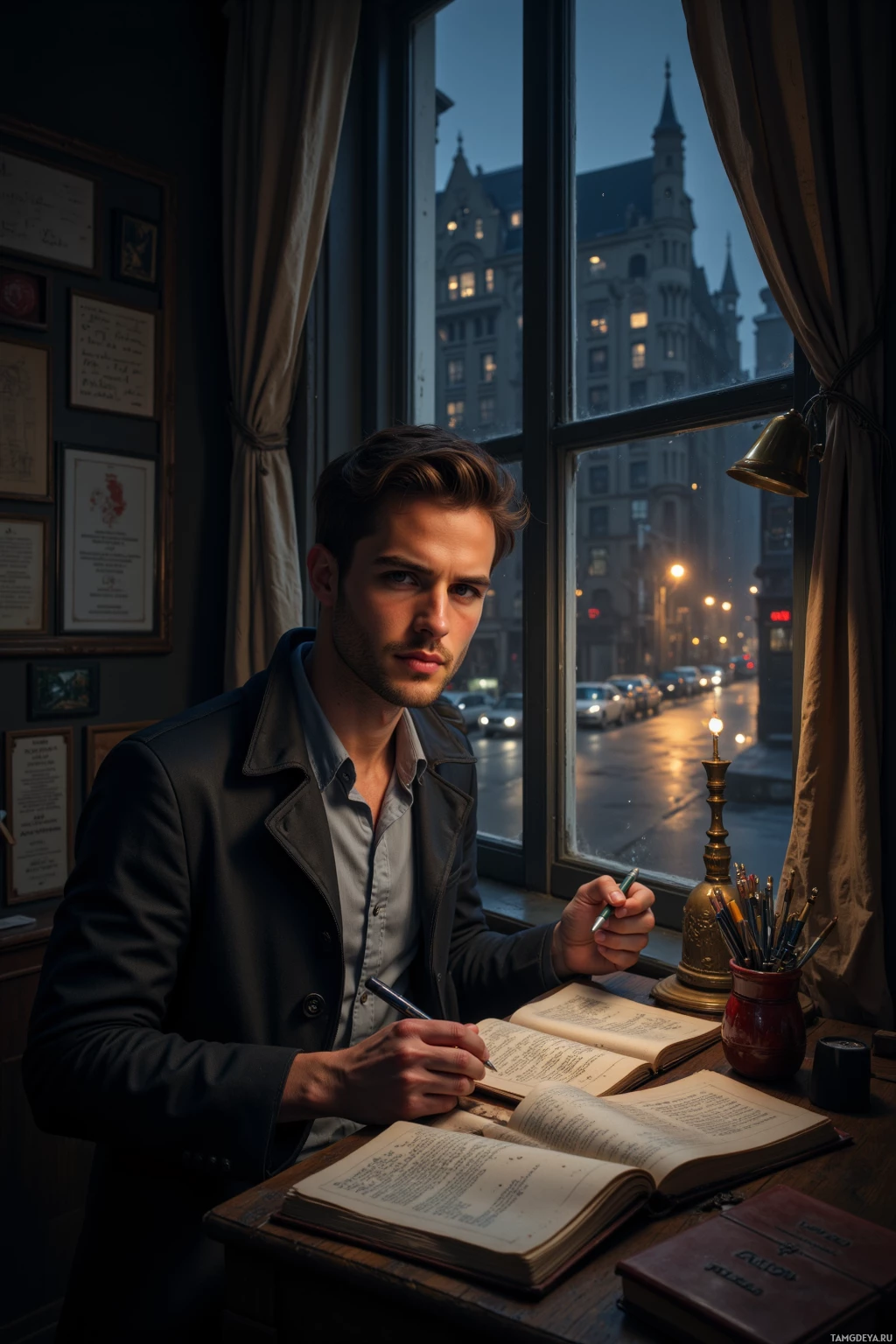 A man sits at a desk by a window, writing in a notebook with a cityscape visible outside.