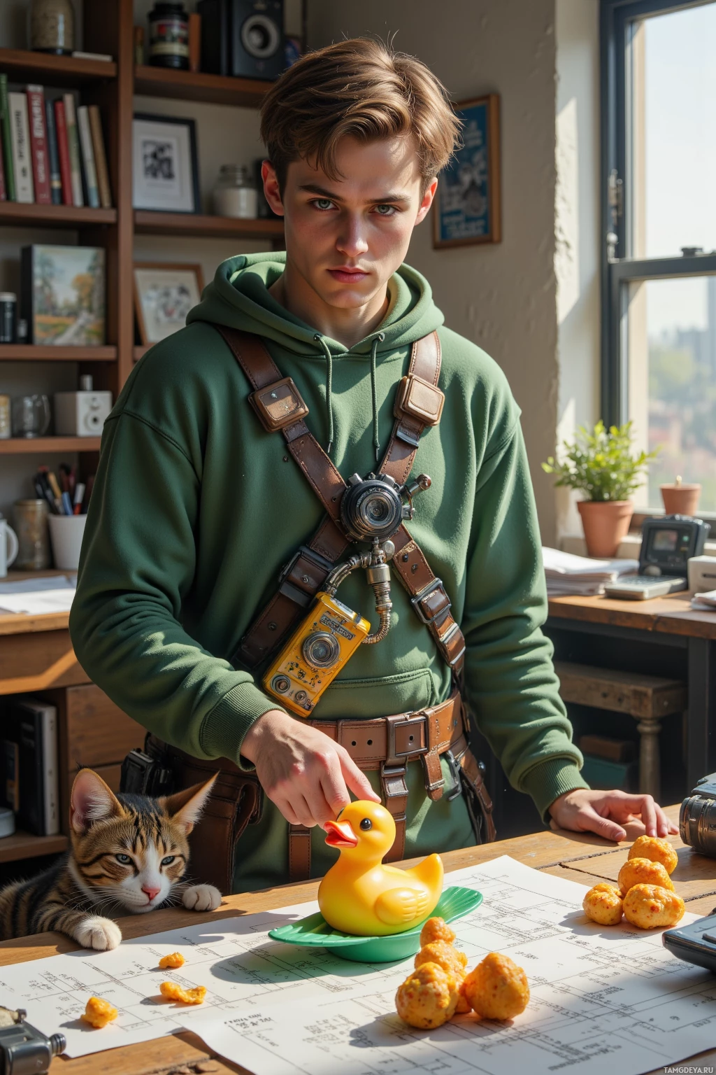 A person in a green hoodie and utility belt stands at a desk with a cat, a rubber duck, and some snacks.
