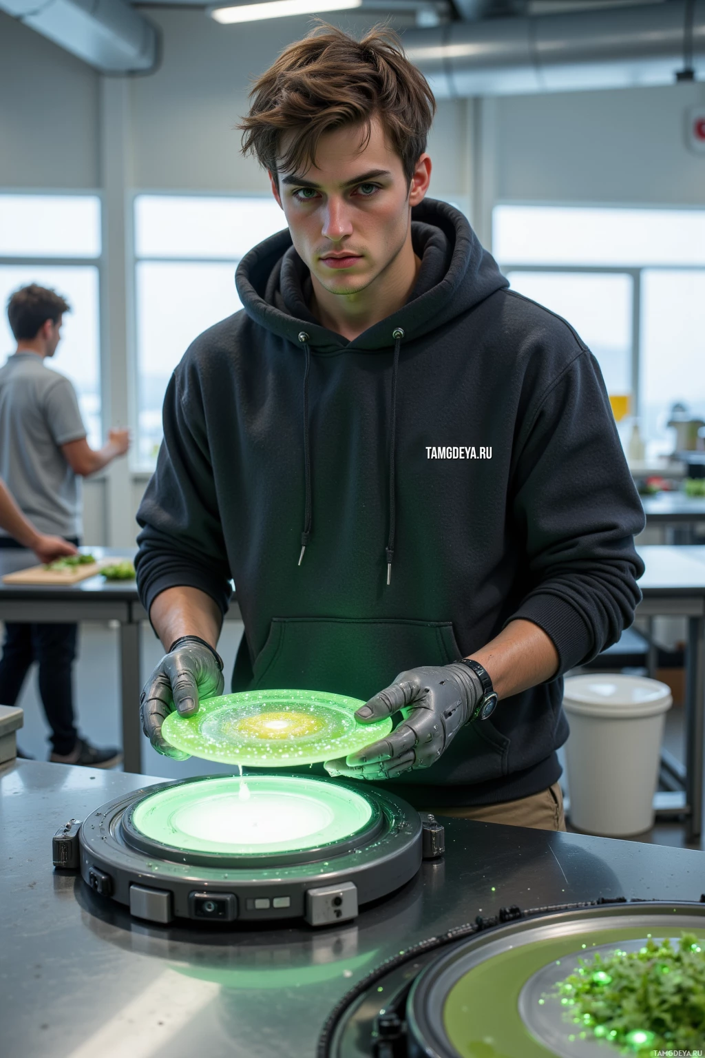 A person in a hoodie and gloves stands in a kitchen, holding a glowing green plate.