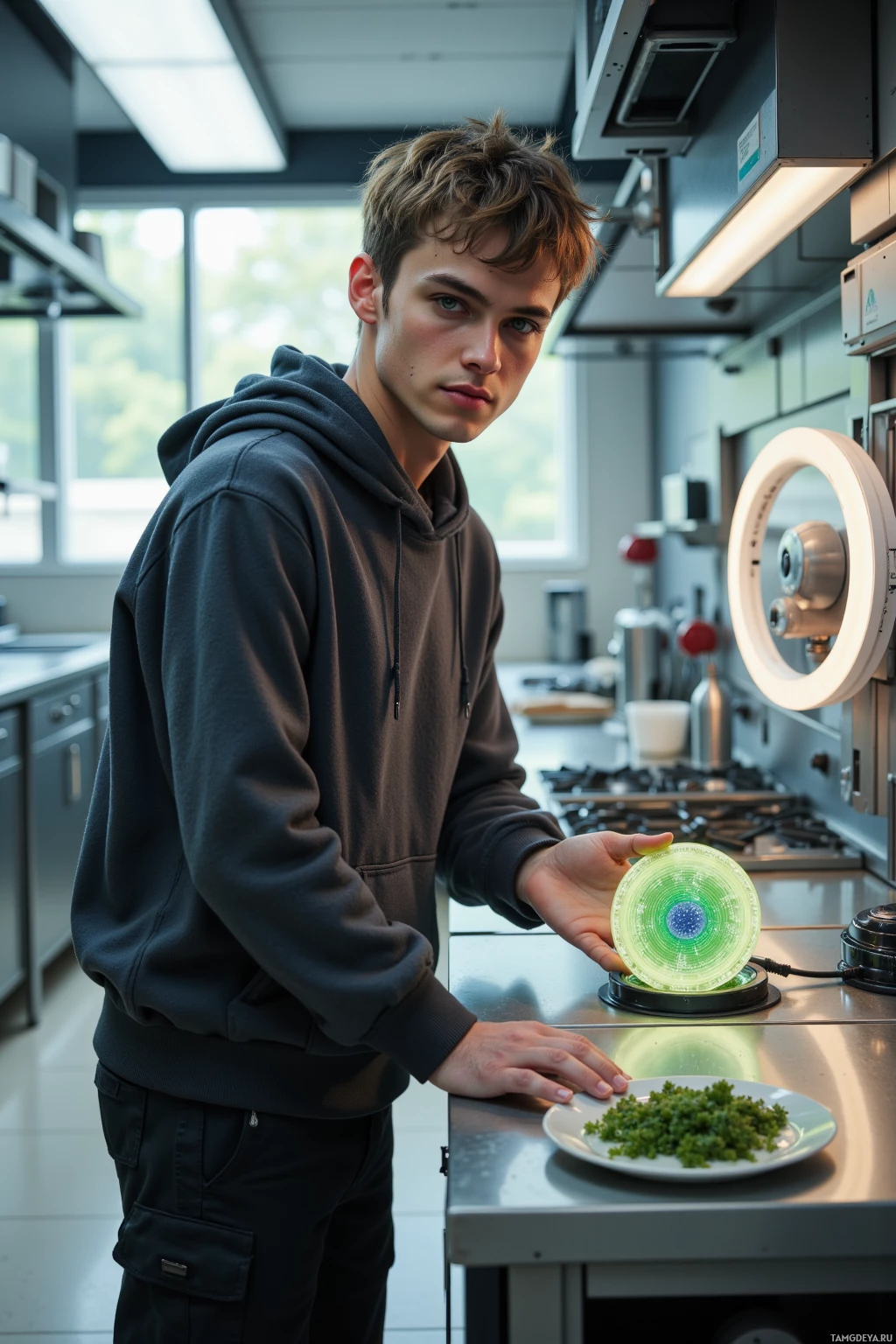 A person in a kitchen setting holds a glowing, circular object while standing near a plate of food.