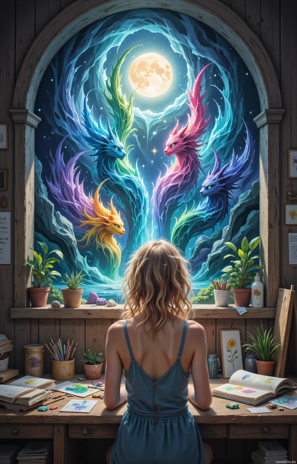 A woman gazes out a window at fantastical, colorful dragons under a full moon.