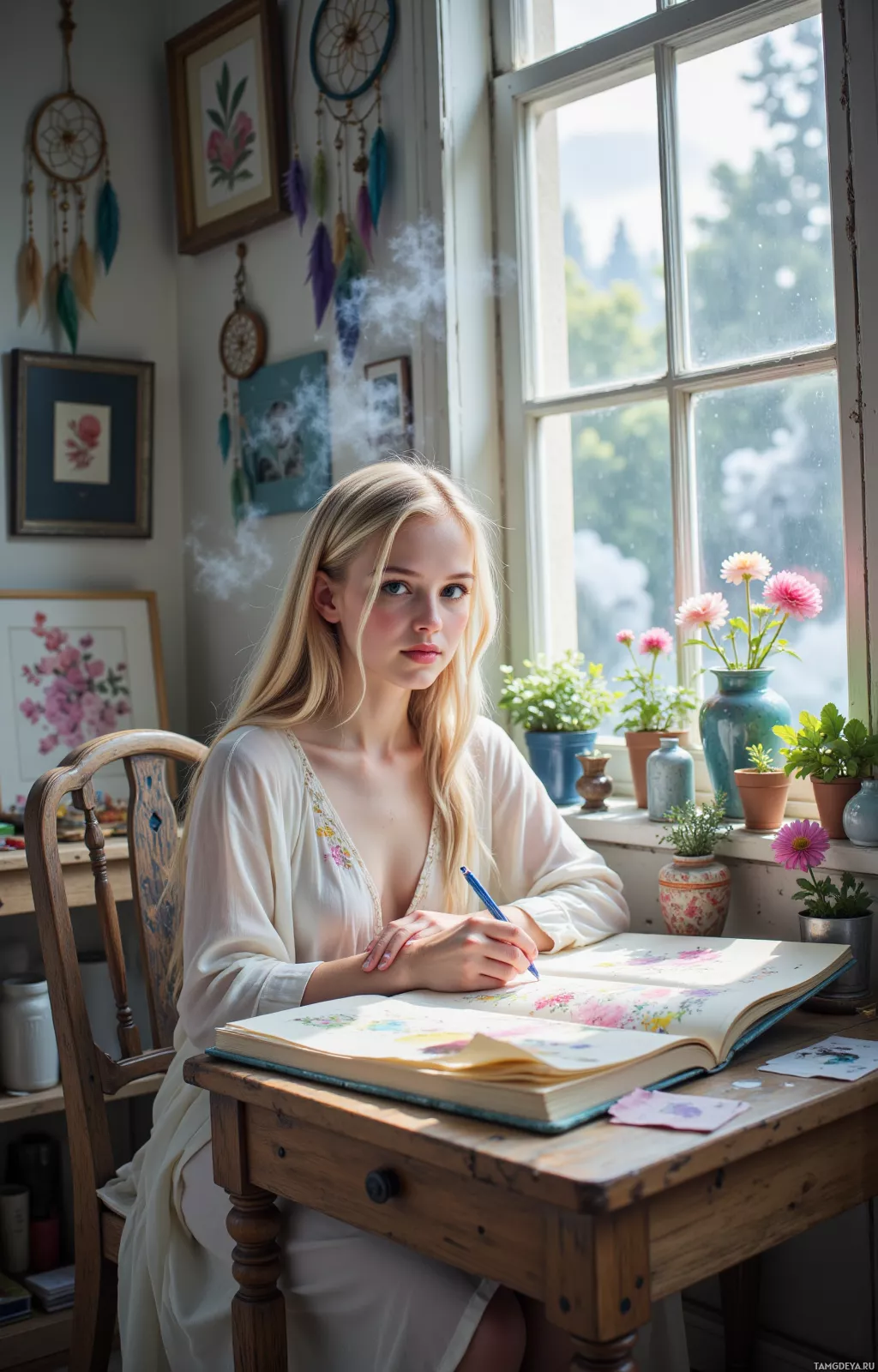 A young woman sits at a wooden desk, holding a pen and looking at an open book, with a window and potted plants in the background.
