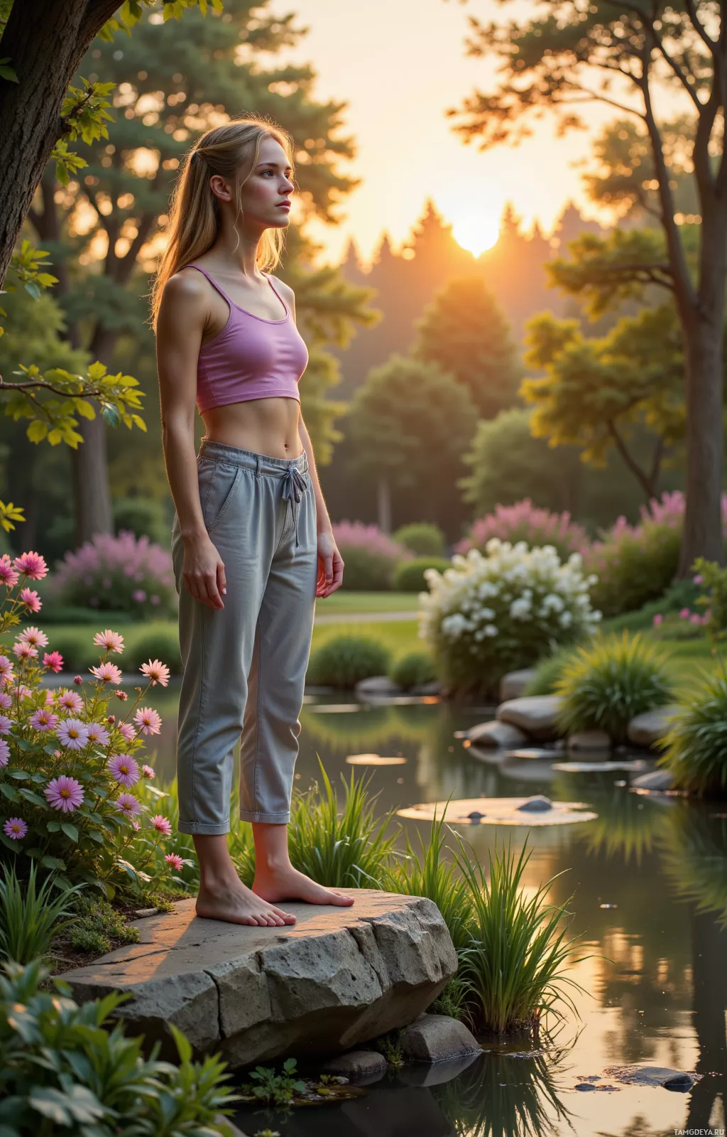 A woman stands barefoot on a rock by a serene pond in a lush garden at sunset.