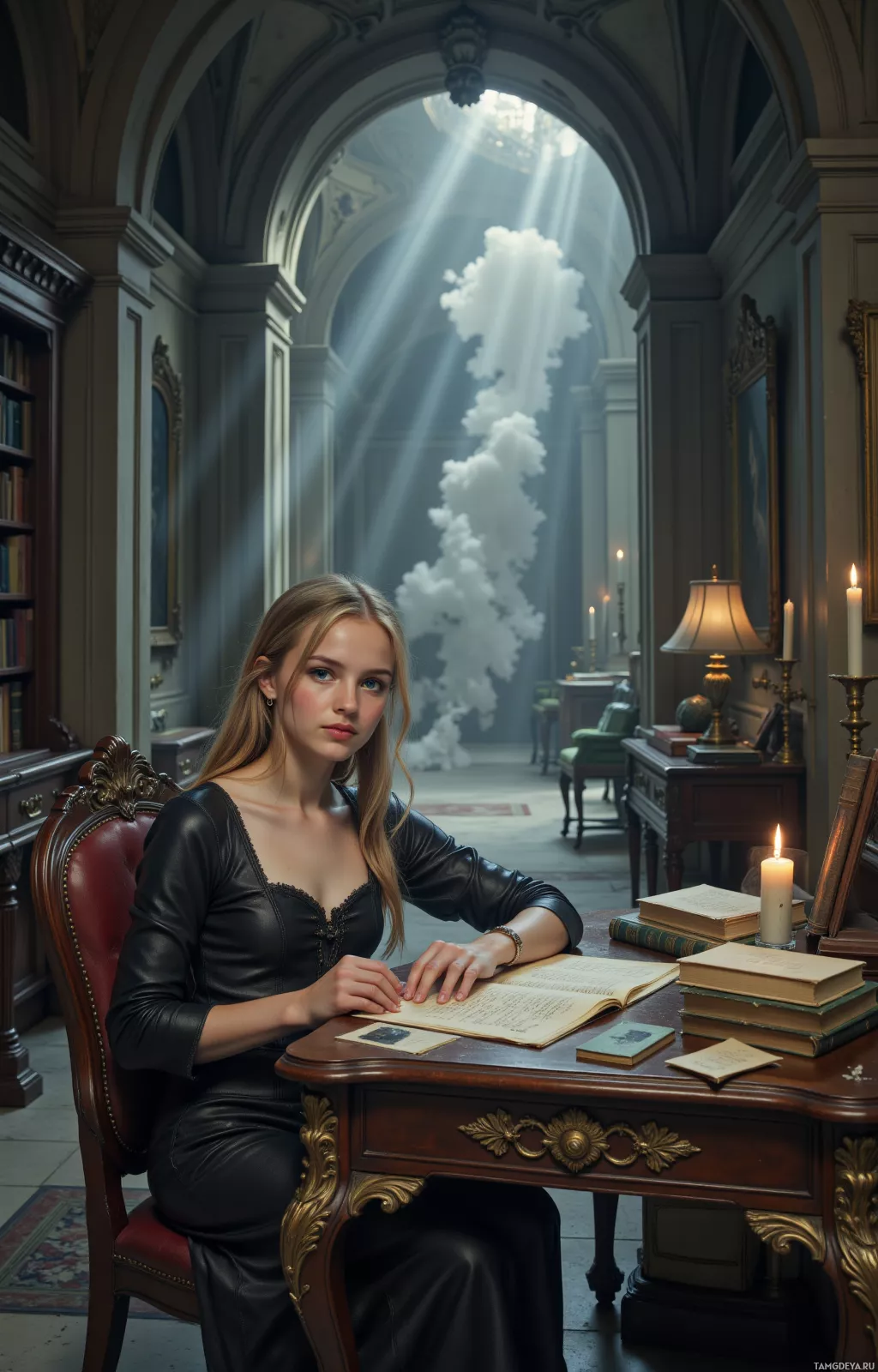 A woman sits at a desk in a grand, sunlit hallway, surrounded by books and candles.
