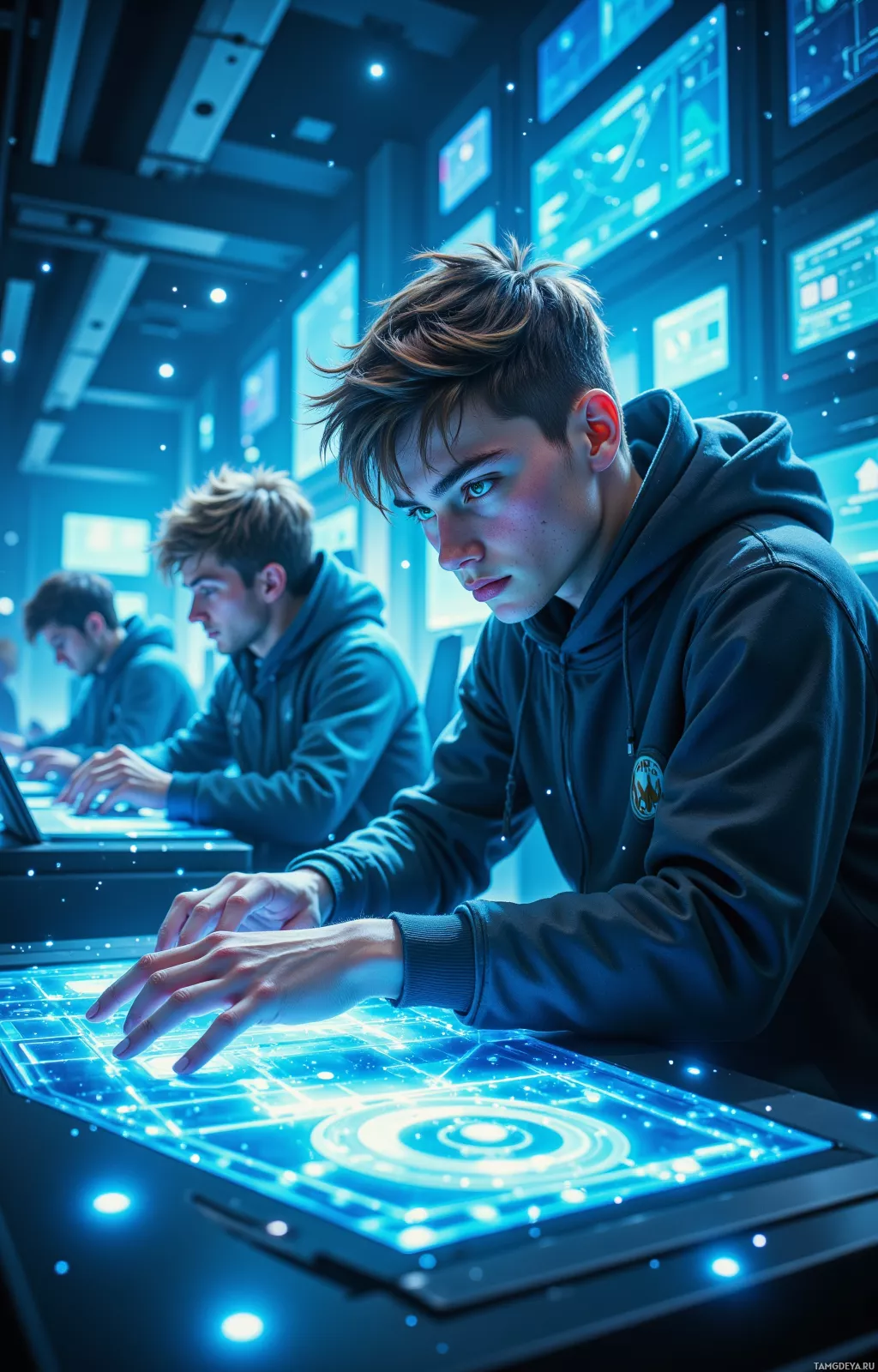 A person in a hoodie is focused on a futuristic, illuminated control panel.