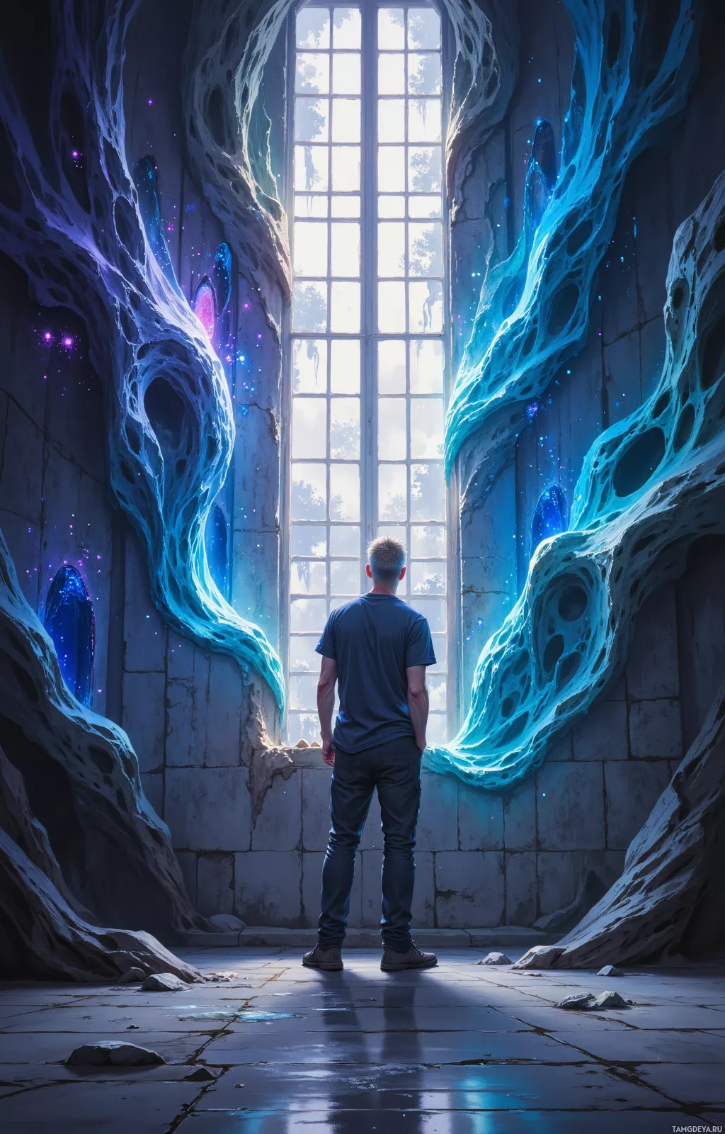 A person stands in a dimly lit room with a large window, gazing at glowing, ethereal blue and purple formations.