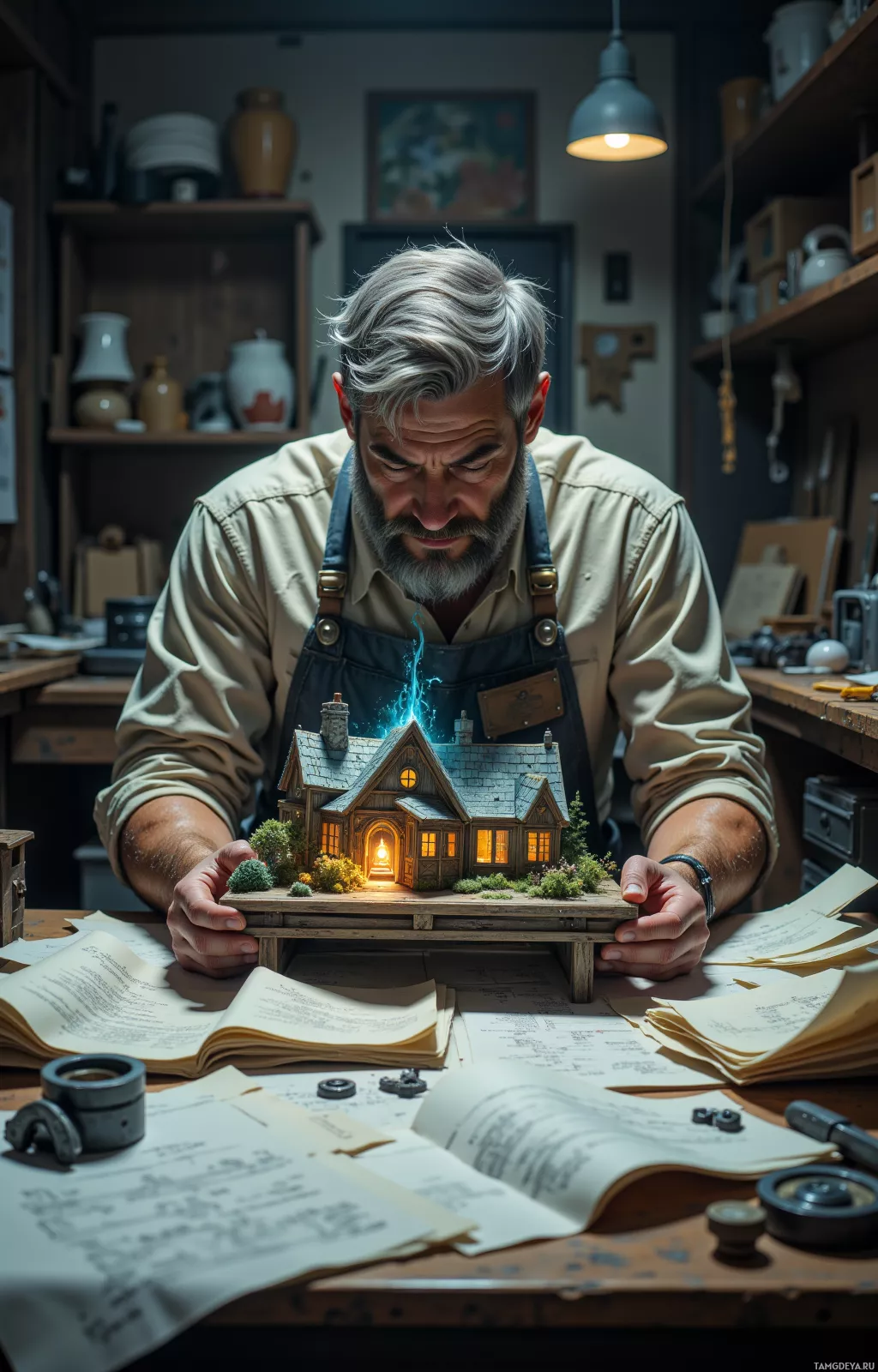 A man in a workshop holds a miniature house with glowing windows, surrounded by papers and tools.