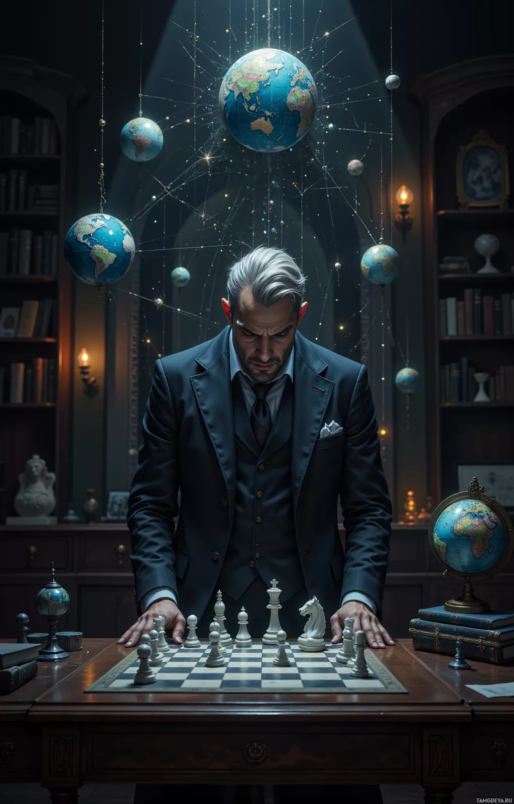 A man in a suit stands at a chessboard, surrounded by globes and a network of lines, in a dimly lit room with bookshelves.