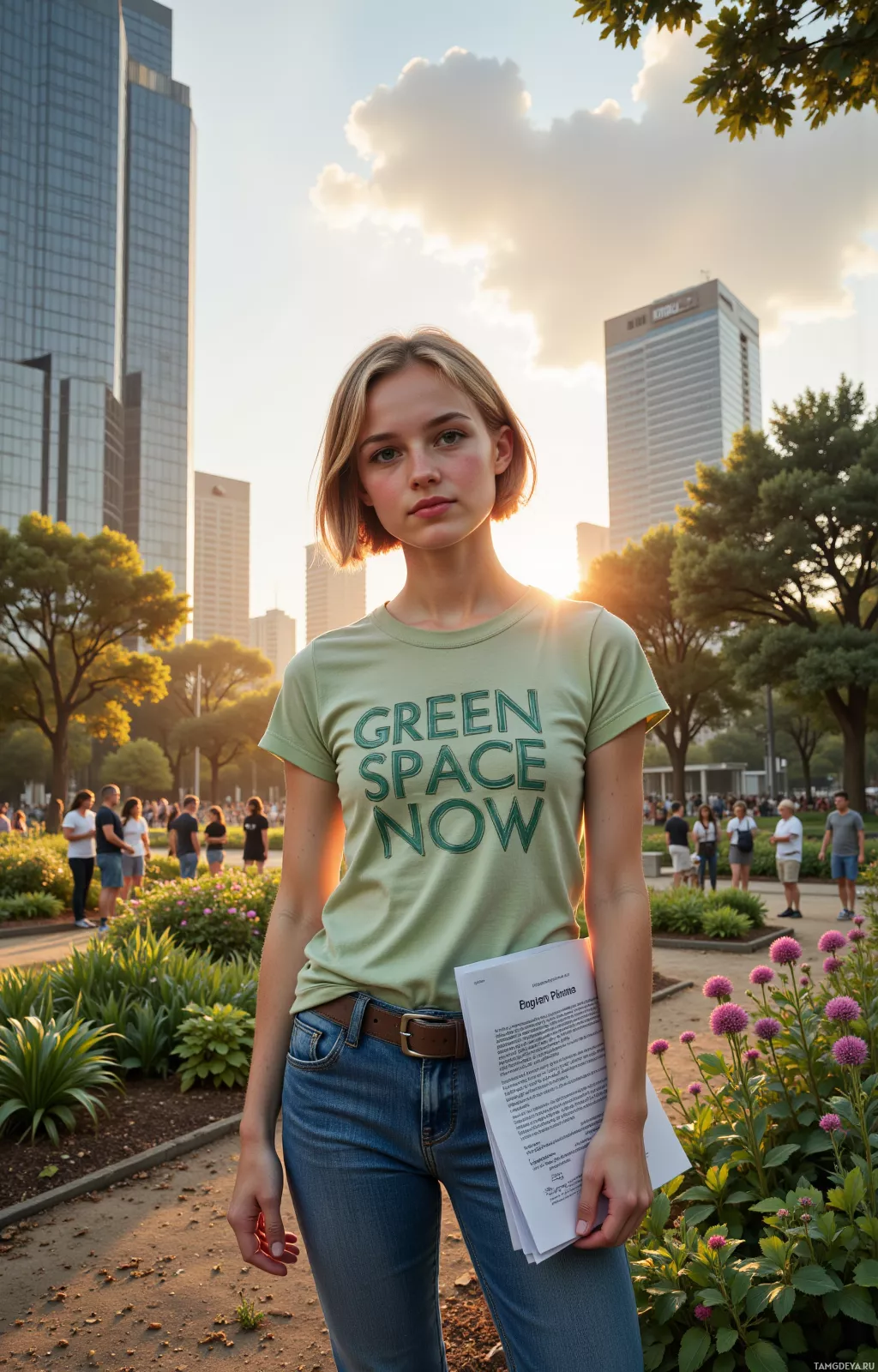 A person stands in a park holding papers, wearing a green t-shirt with "GREEN SPACE NOW" printed on it, with a cityscape and sunset in the background.