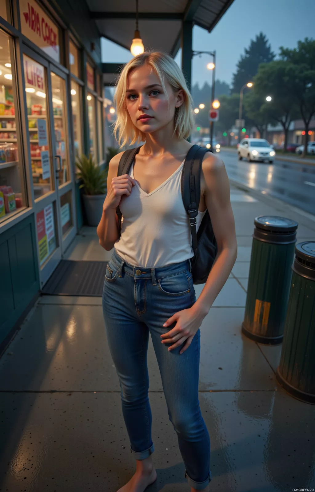 A person stands on a sidewalk near a convenience store at dusk, wearing a white tank top and jeans, with a backpack.
