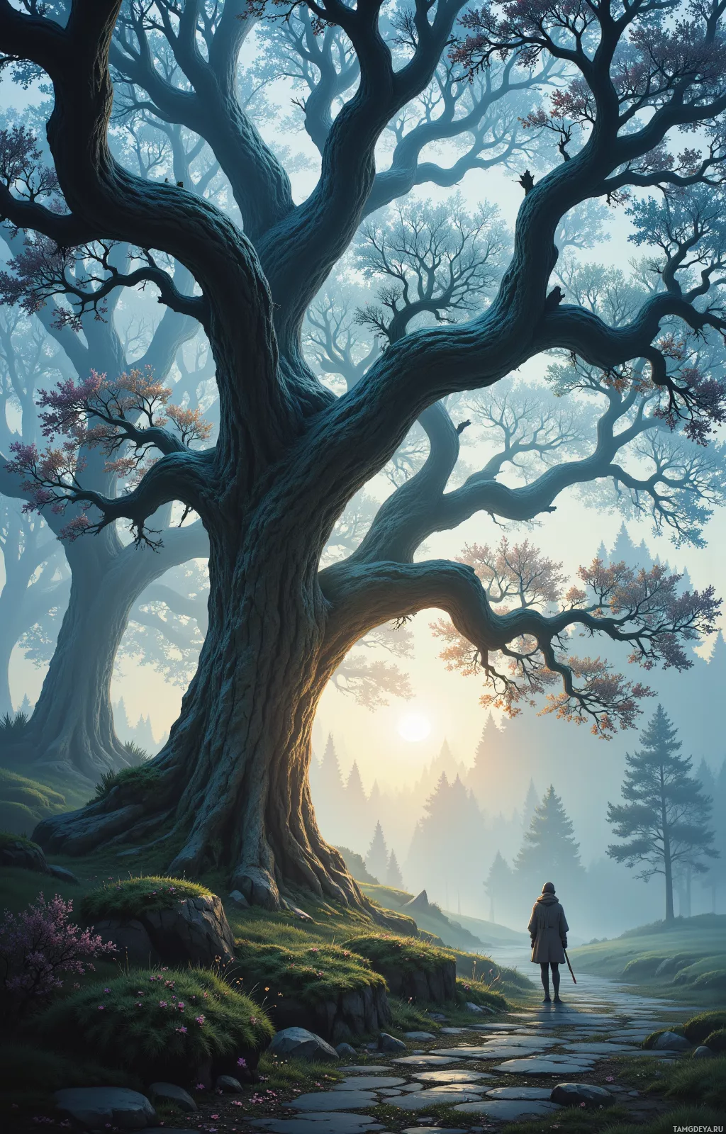 A lone figure stands on a stone path beneath a large, gnarled tree in a misty forest.