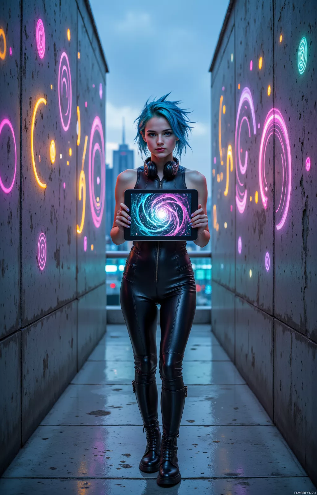 A person in a futuristic outfit holds a tablet displaying a colorful, swirling pattern, standing between walls with neon lights.