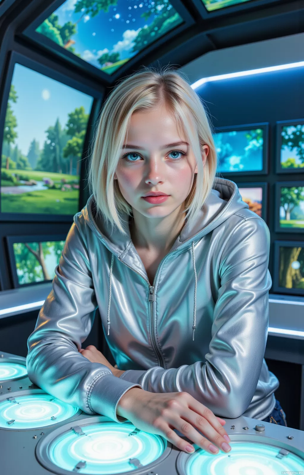A person in a shiny silver jacket sits at a control panel with illuminated buttons.