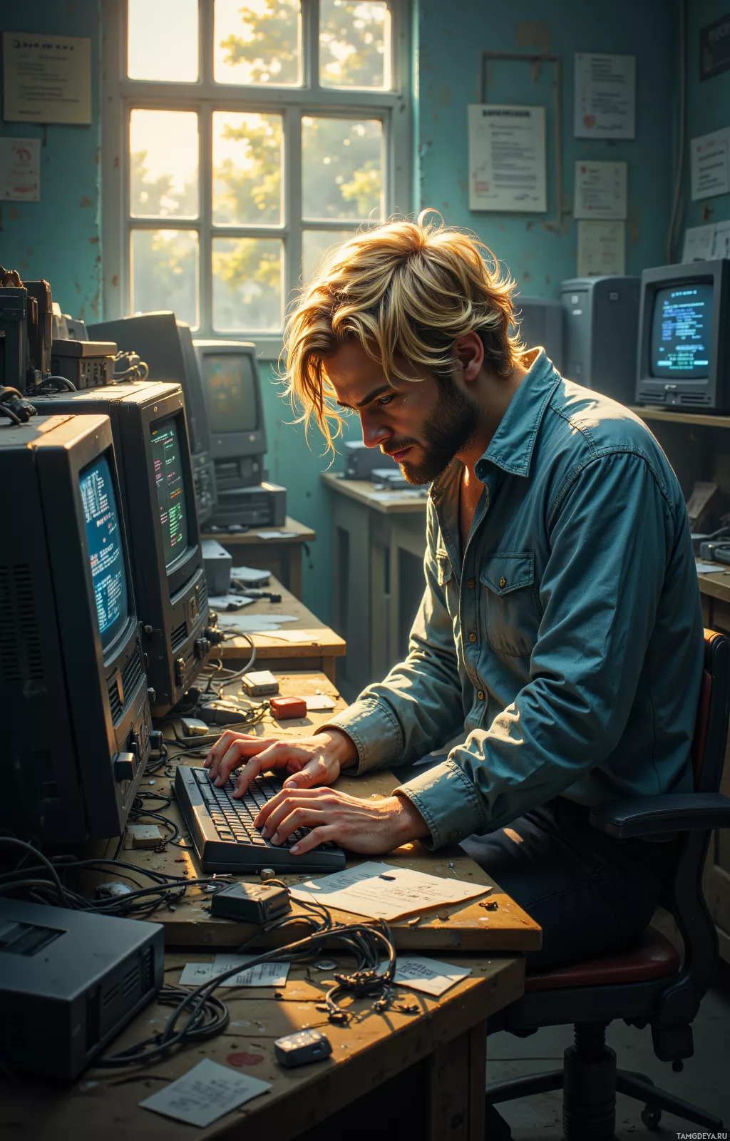 A man is working at a desk with multiple old computer monitors and keyboards in a room with blue walls and sunlight streaming through the windows.