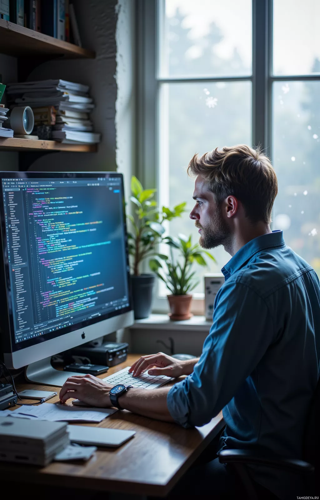 A person is working at a desk with a computer displaying code, surrounded by books and a potted plant.