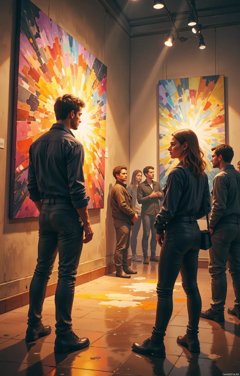 A group of people stands in an art gallery, observing colorful abstract paintings.