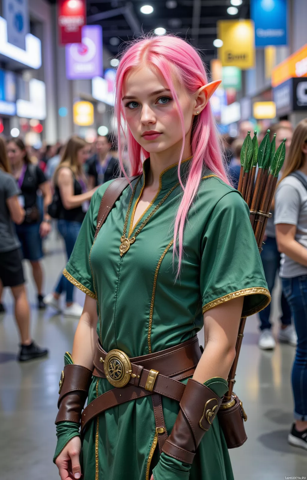 A person in a green fantasy-inspired costume with pink hair and a quiver of arrows stands in a convention setting.