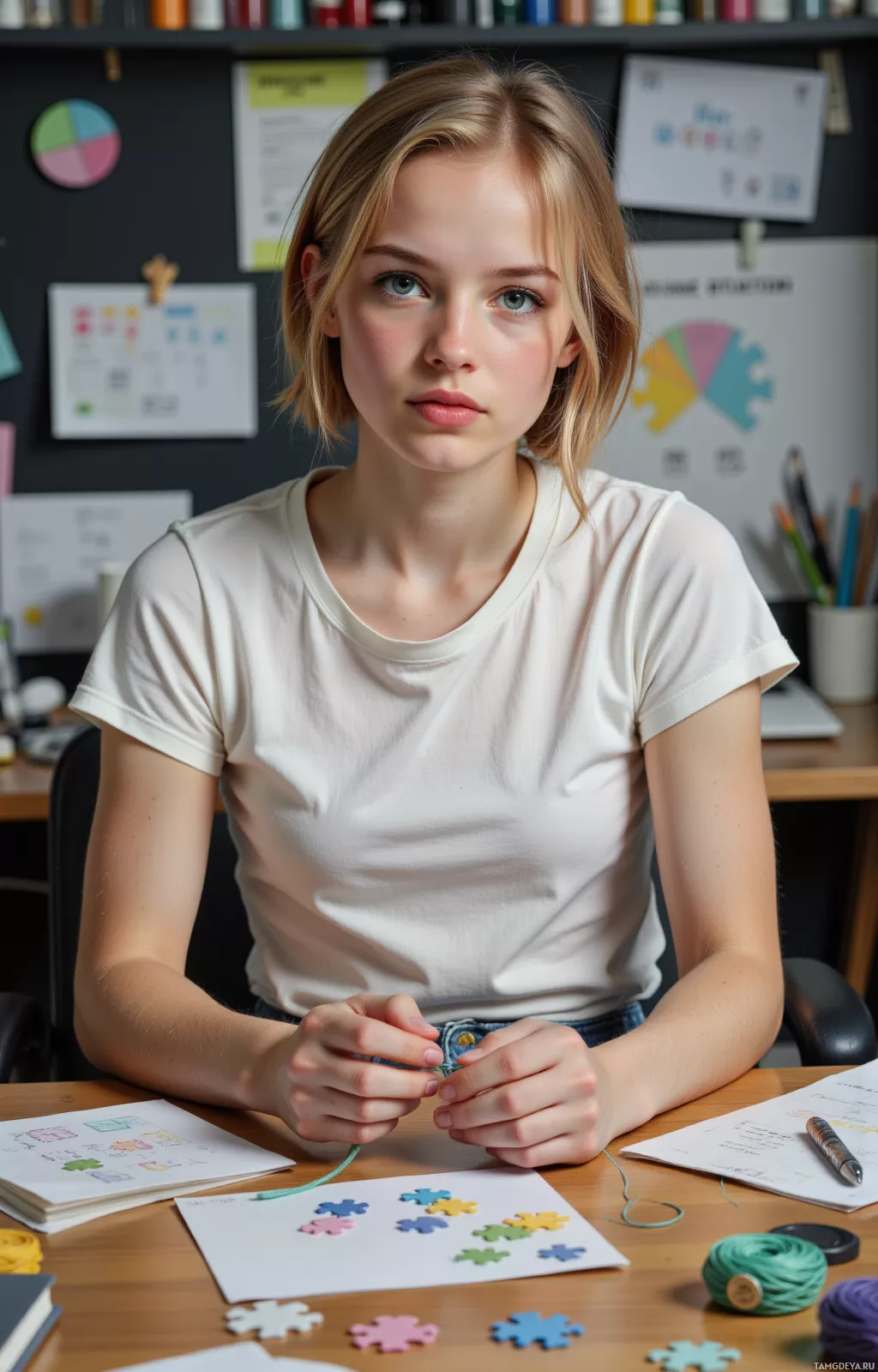 A person sits at a desk with a white shirt, surrounded by colorful puzzle pieces and crafting materials.