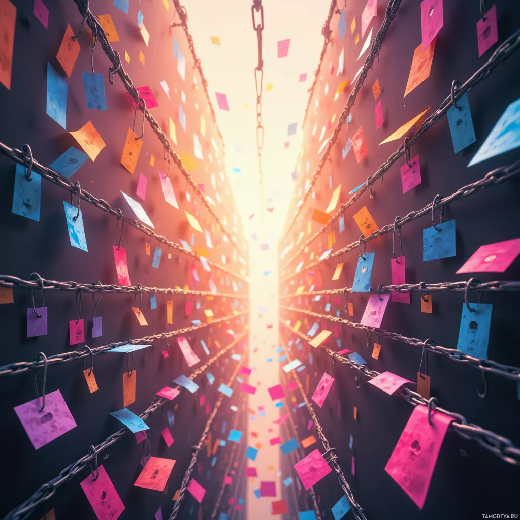 A tunnel of colorful paper notes hanging from chains against a gradient sky.