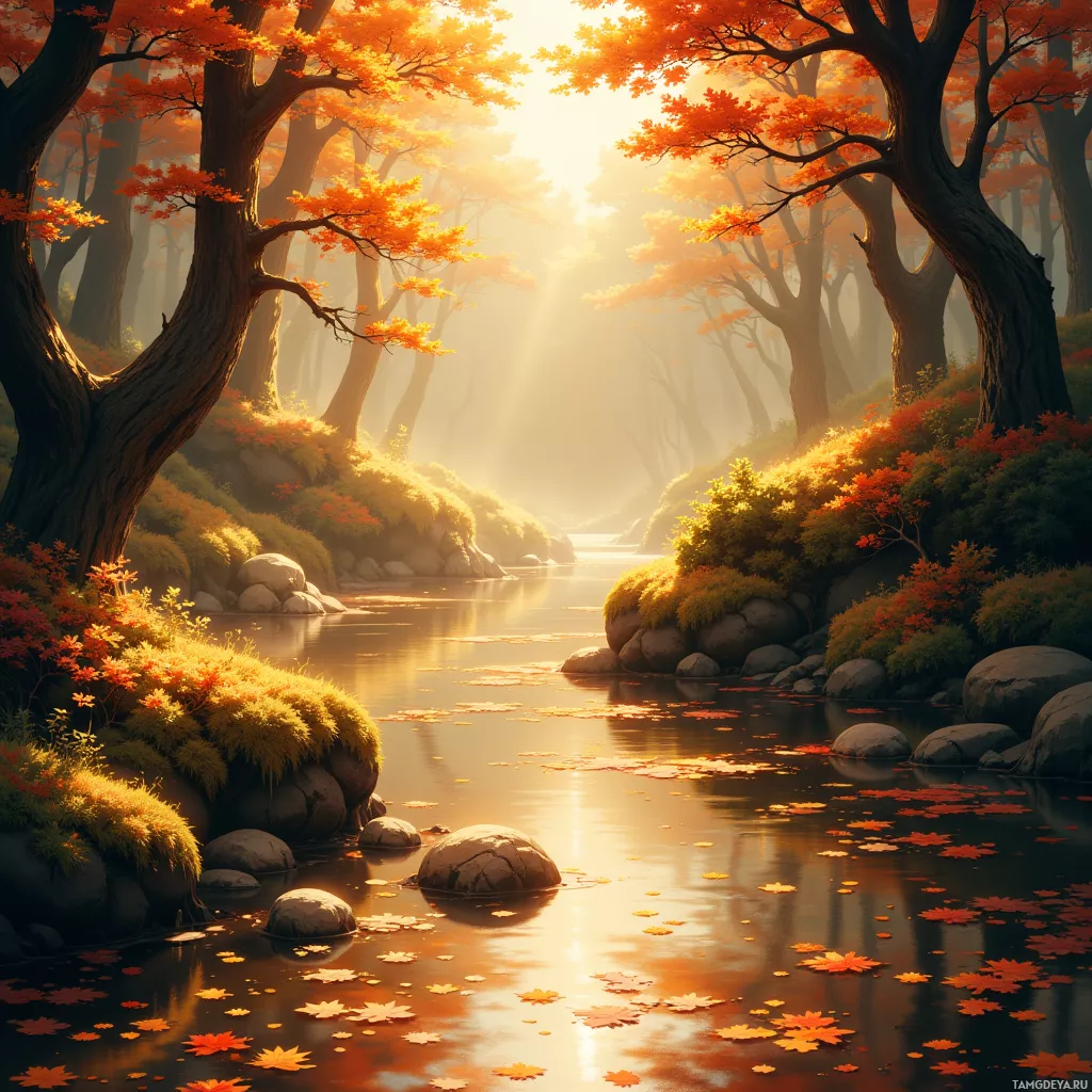 A serene autumn forest scene with golden sunlight filtering through the trees and fallen leaves floating on a calm stream.