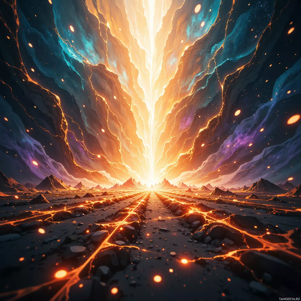 A vibrant, cosmic landscape with glowing cracks and a radiant light source at the horizon.
