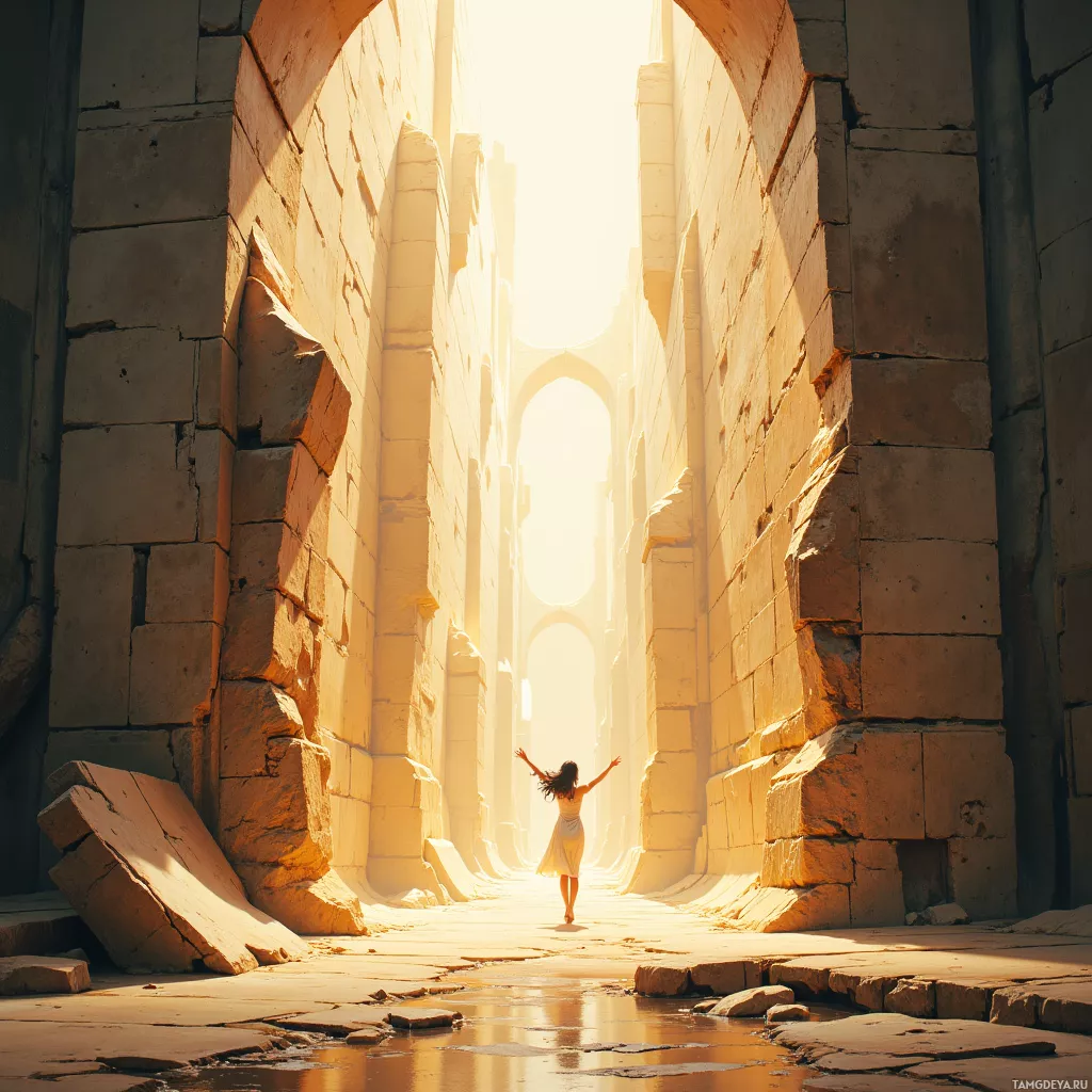 A woman in a white dress walks through ancient stone arches towards bright sunlight.