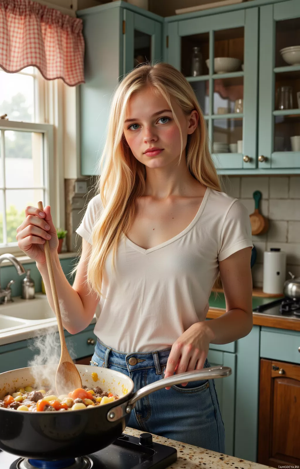 A young woman is cooking in a kitchen, stirring a pot on the stove.